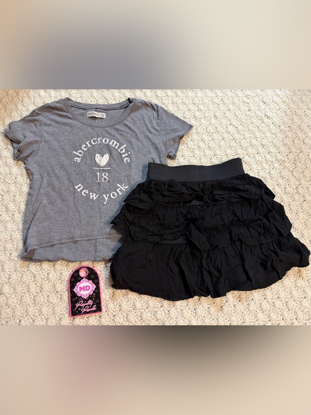 Iz Byer Black Ruffle Skirt and Gray Logo Tee Set
